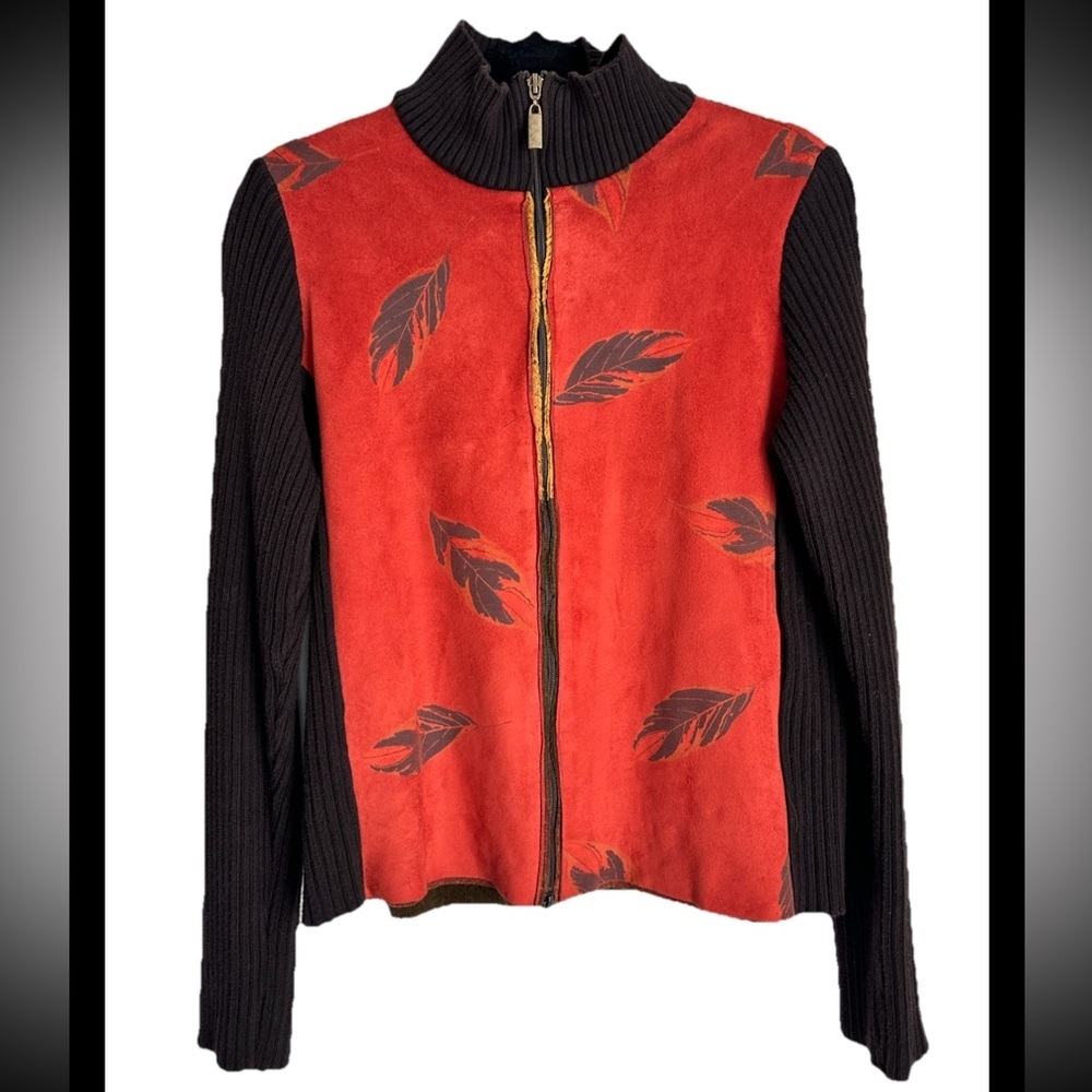 ROBERT KITCHEN Women’s Full Zip Faux Suede  Orange Leaf Brown Knit Sweater  Sz L